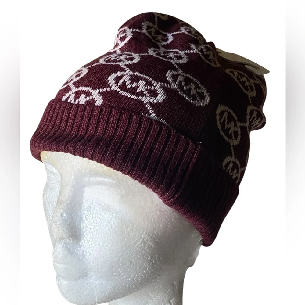 Michael Kors Rib Knit Beanie All-Over MK Print Burgundy White One Size NWT